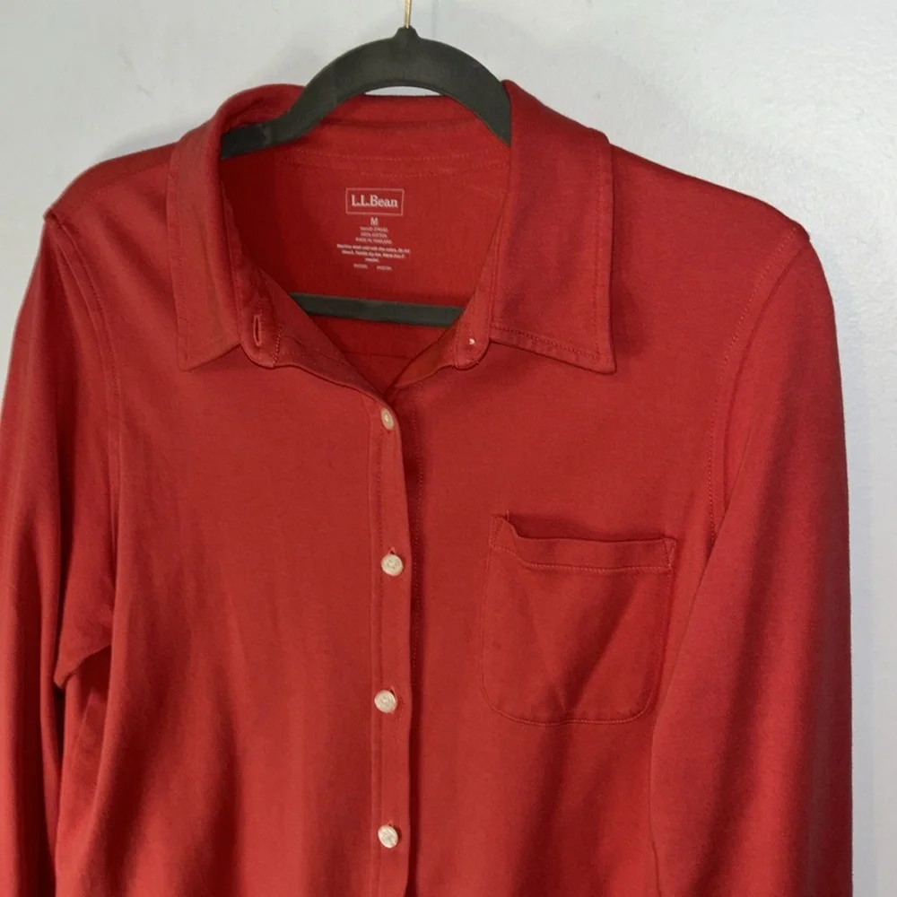 LL Bean Coral Pink Button Down Blouse Top Size Large 100%Cotton Jersey Material - Picture 4 of 10